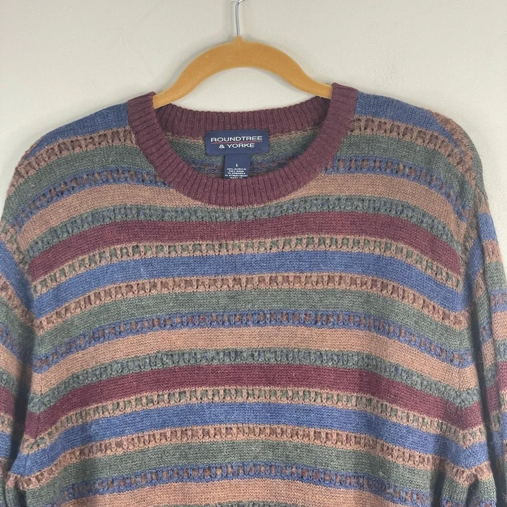 Vintage Grunge Grandpa Crew Neck Sweater Mens Large Wool Blend Stripe Pullover